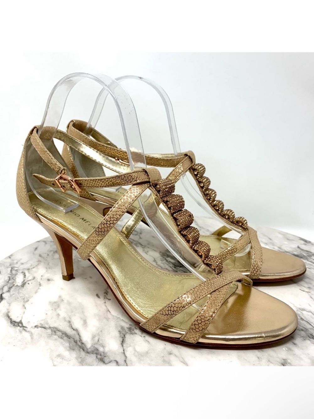 Antonio Melani Terrance Gold Metallic Beaded T-Strap Pumps 9.5 Formal Bridesmaid